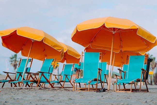 holiday, umbrella, beach, deck chairs